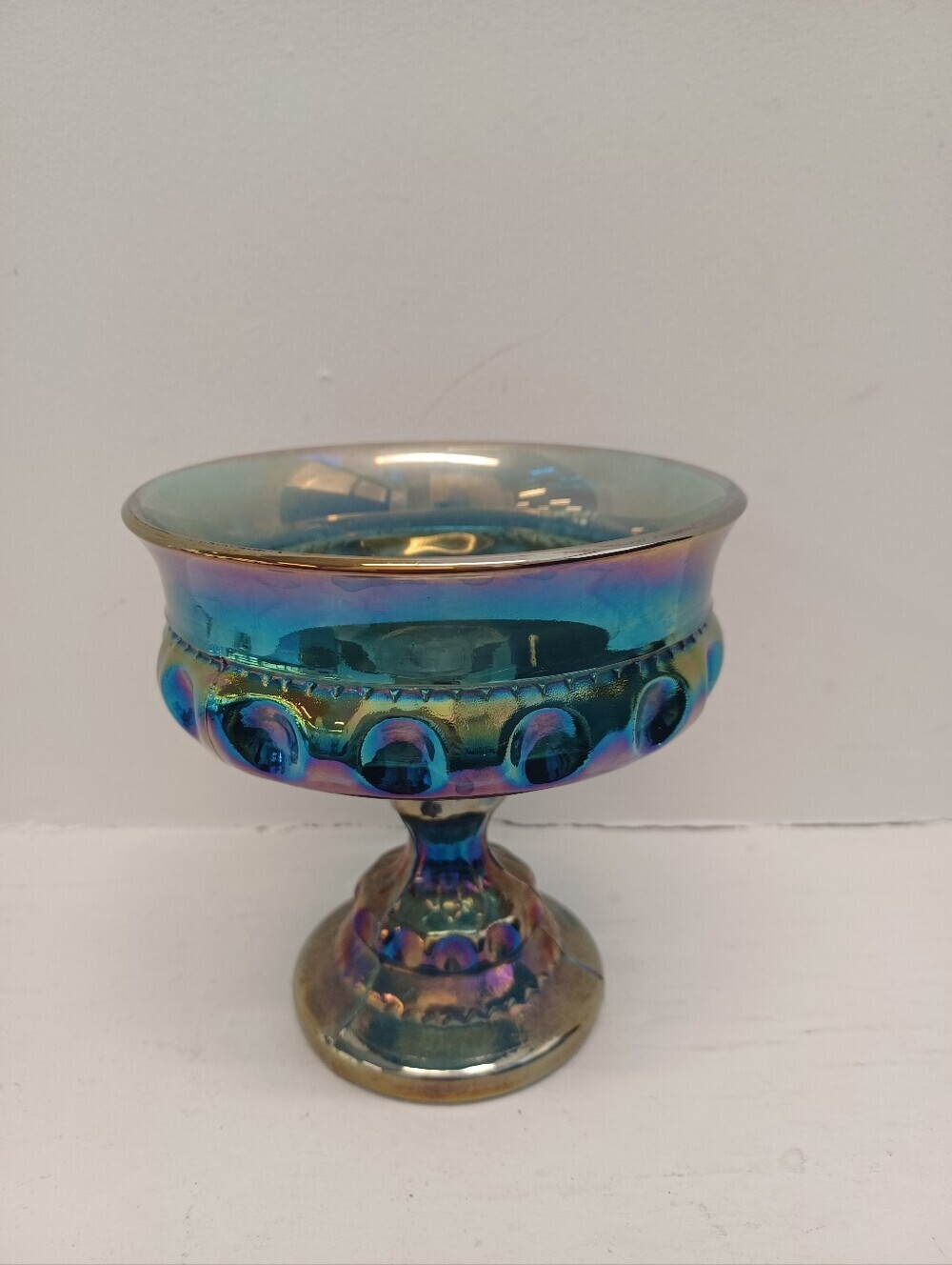 Indiana Glass Kings Crown Carnival Glass Iridescent Blue Thumbprint Bowl Vintage